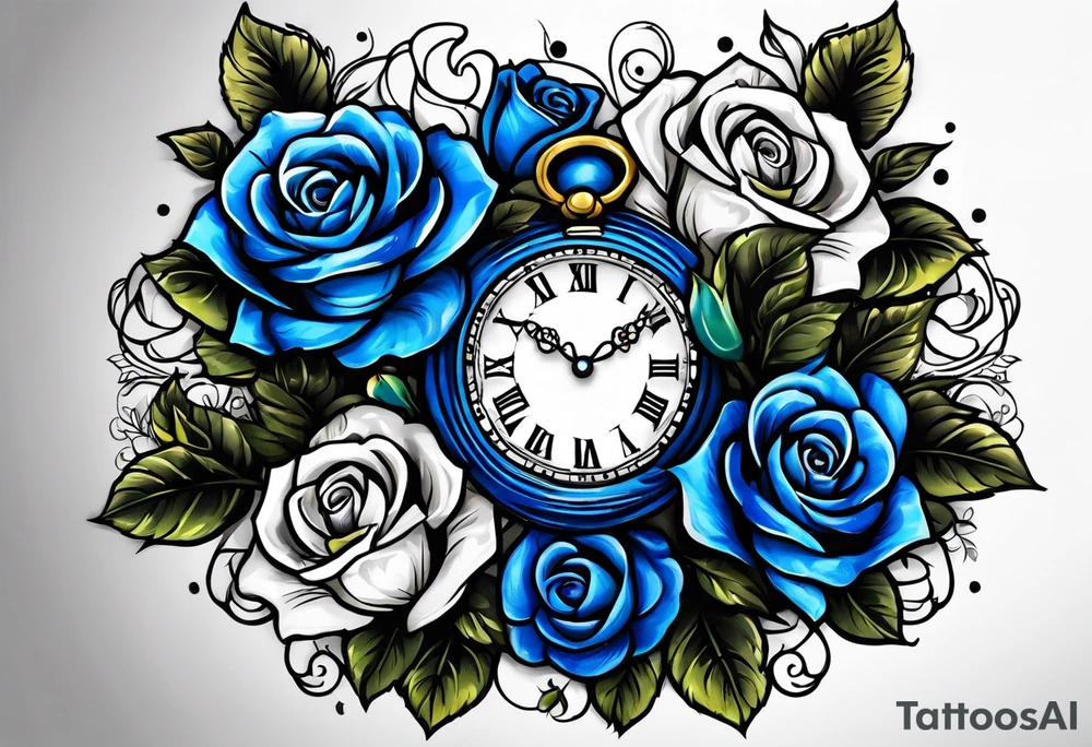 Pocket clock with blue roses tattoo idea