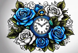 Pocket clock with blue roses tattoo idea
