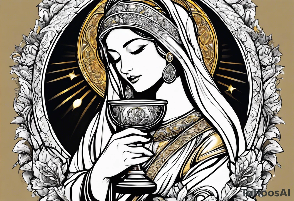 woman saint holding chalice surrounded by golden halo sideways tattoo idea