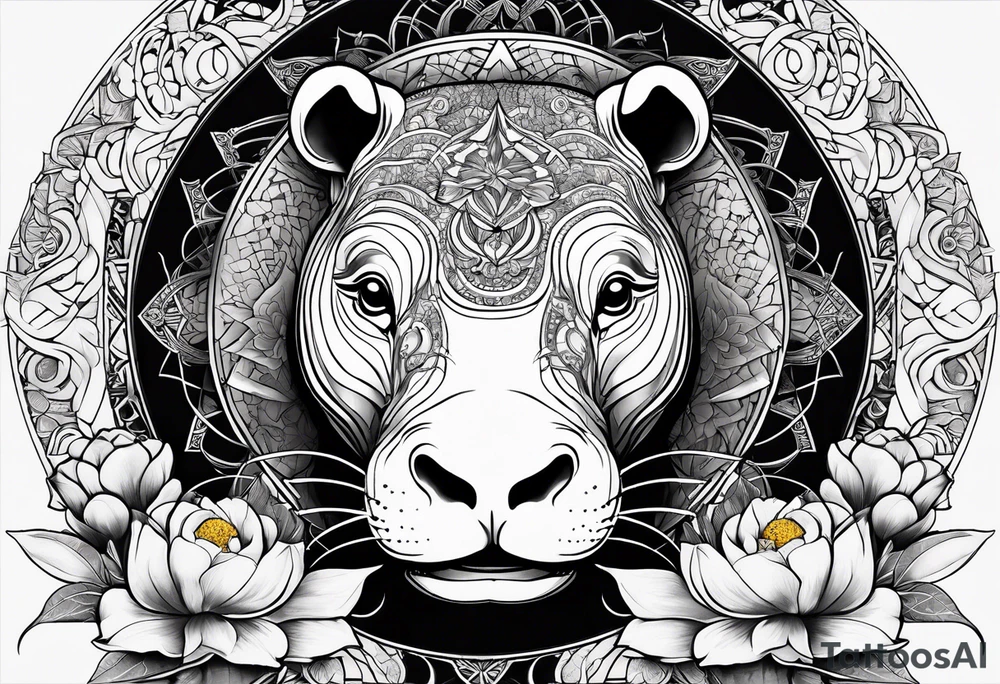 Very asymmetrical, +geometric pattern, with realistic full moon, with seeious looking hippo, +zen feel, + Buddhism touch,
with wintersweet flower bud, +portrait orientation, +inkart touch, tattoo idea