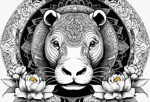 Very asymmetrical, +geometric pattern, with realistic full moon, with seeious looking hippo, +zen feel, + Buddhism touch,
with wintersweet flower bud, +portrait orientation, +inkart touch, tattoo idea
