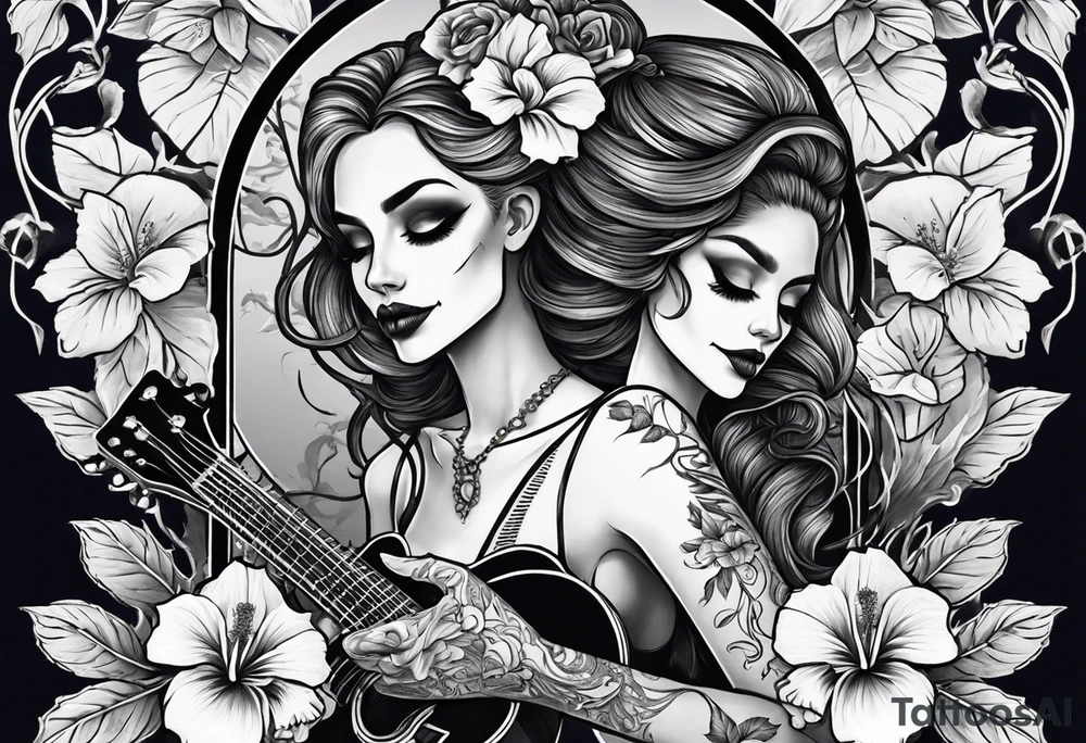 a female skeleton holding a hibiscus flower and a male skeleton playing a guitar. tattoo idea
