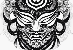 hanya mask on the shoulder, mask from ghost of Tsushima, hanya mask with three eyes, mask symbol of freedom and calmness tattoo idea