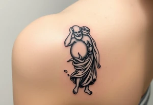 A humanized god carrying a jar on his shoulder, from which it flows out of the water to create a marine environment tattoo idea