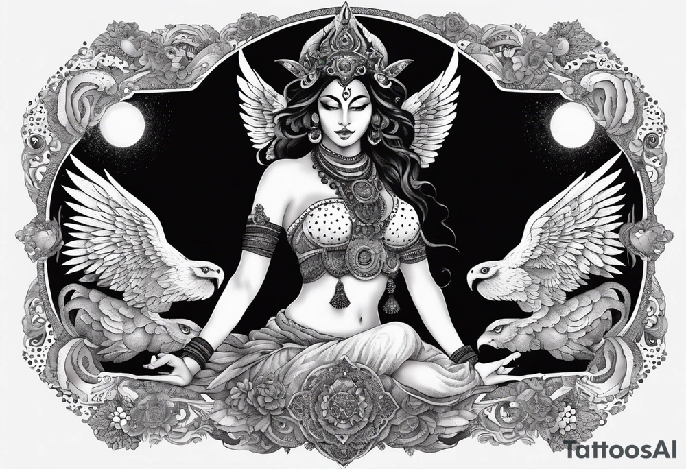 black kali, goddess pirate, alien, angel, pachamama, valkrye, warrior, flying, skull, lotus azul, wing, eagle, zenza resonance, stars, 5D, anahata chakra, death, durga, riding on a tiger, flying lady, kundalini, chest tatoo, samuri, rebel, serpent tattoo idea