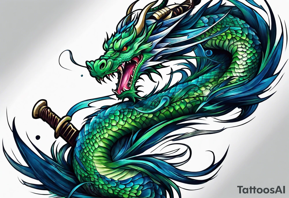Blue and green dragon around a katana sword tattoo idea