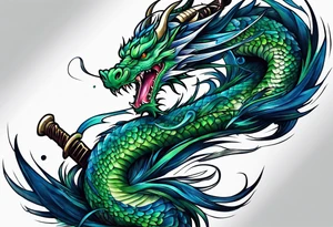 Blue and green dragon around a katana sword tattoo idea