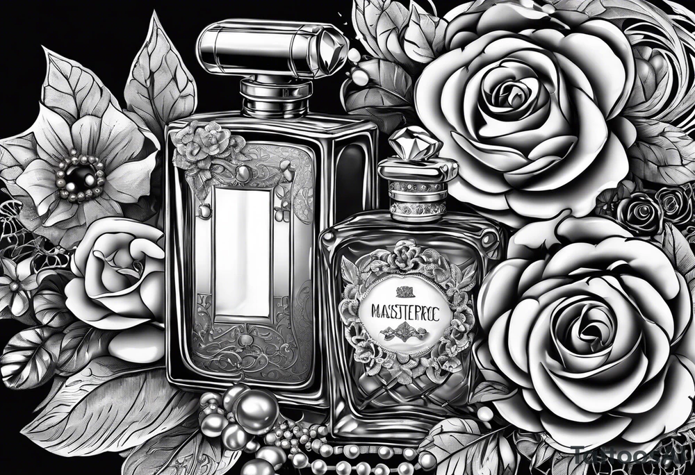 1950s perfume bottle and 1950s lipstick tube wrapped with pearls, hair bows, flowers, and lace. tattoo idea