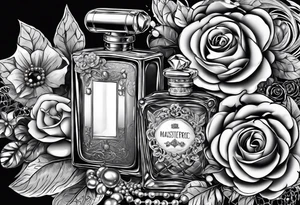 1950s perfume bottle and 1950s lipstick tube wrapped with pearls, hair bows, flowers, and lace. tattoo idea
