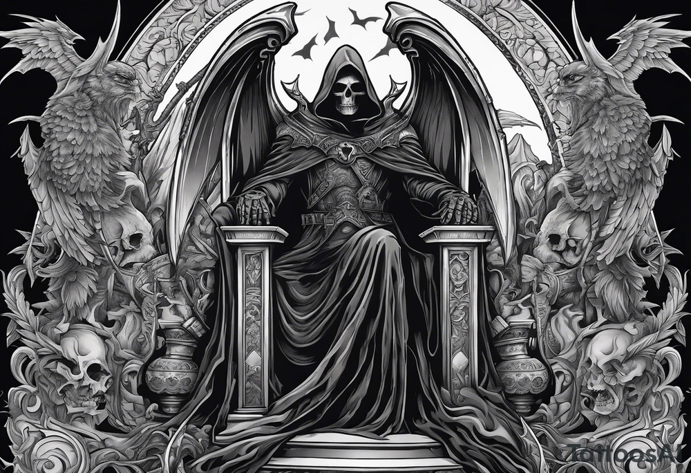 The grim reaper on a large throne of bones .

Holding a giant scythe in one hand and desert eagle in the other .

Next to the throne is a cerebus

Powerful demon commander faces a powerful angel commander in the centre of the tattoo idea