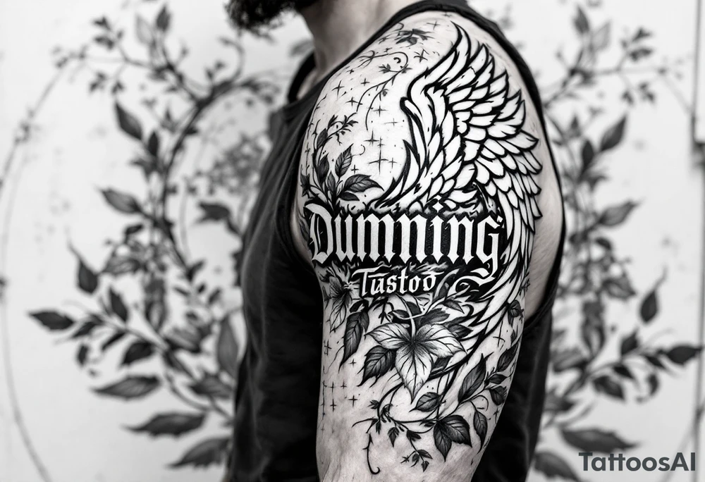 Dunning,on left arm details include angel wing, greek type of font,jungle leaves , tiger claw scratch tattoo idea