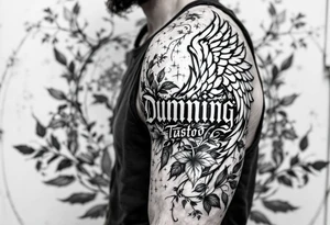 Dunning,on left arm details include angel wing, greek type of font,jungle leaves , tiger claw scratch tattoo idea