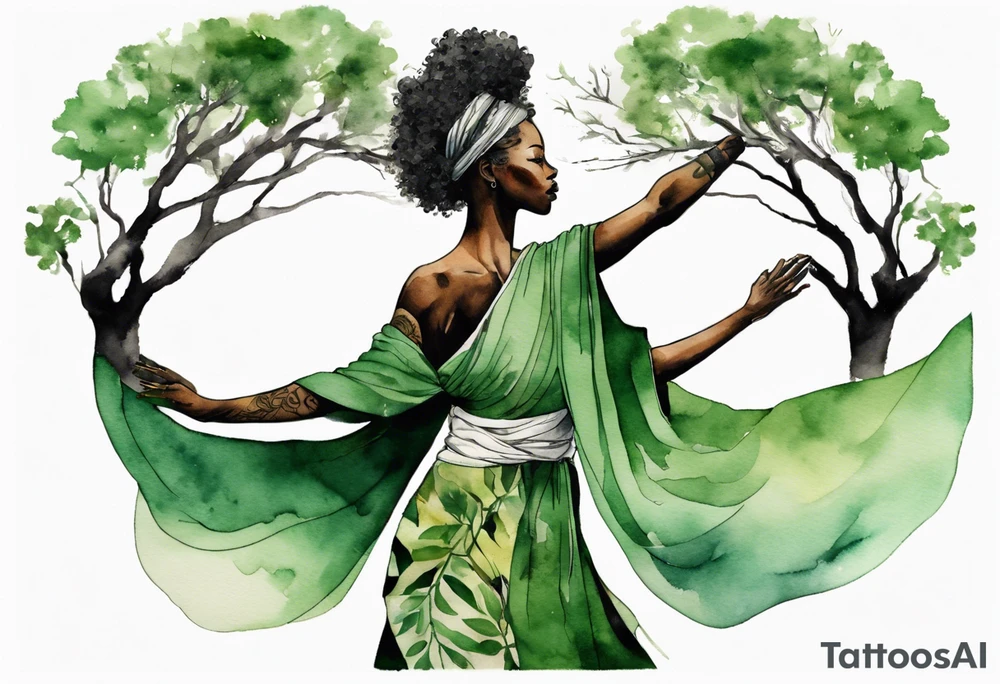 a tree that turns into a black woman reaching with her arms towards the sun, wearing a green tunic tattoo idea