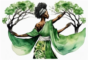 a tree that turns into a black woman reaching with her arms towards the sun, wearing a green tunic tattoo idea