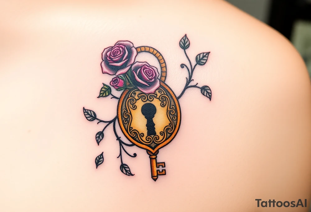 A rose-covered golden lock with a floral-shaped key, with vines wrapping gently around them tattoo idea