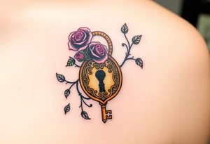 A rose-covered golden lock with a floral-shaped key, with vines wrapping gently around them tattoo idea