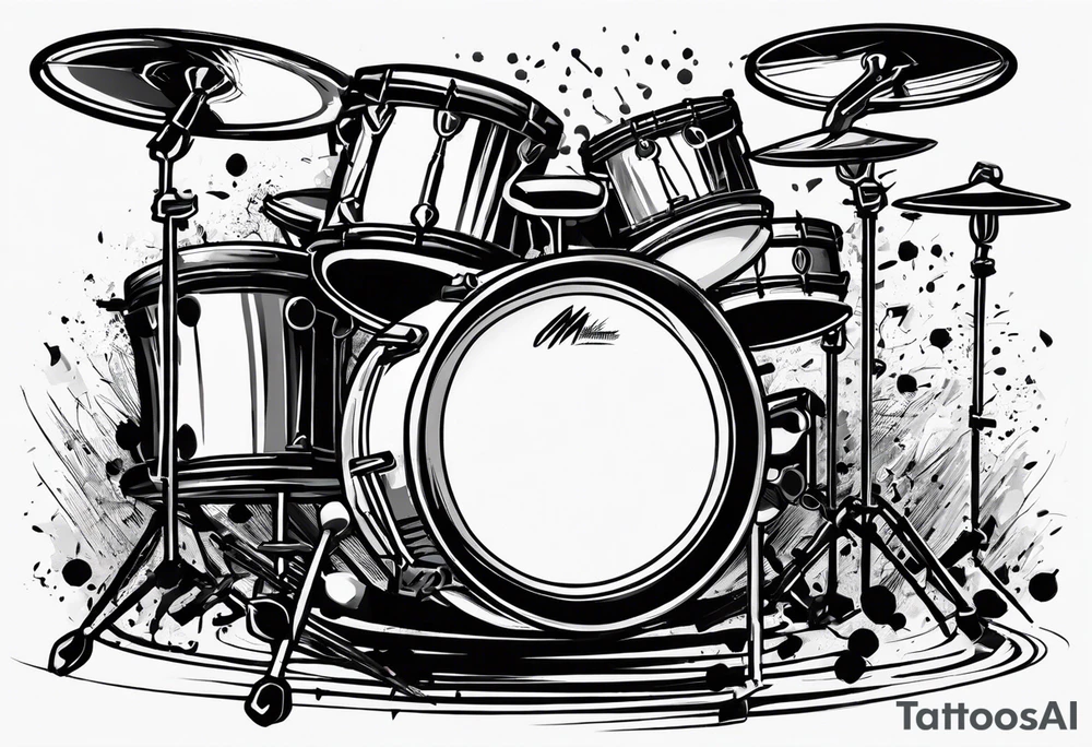 Stylized drums with sticks crossing over them, and a burst effect in the background to represent the energy of playing. tattoo idea