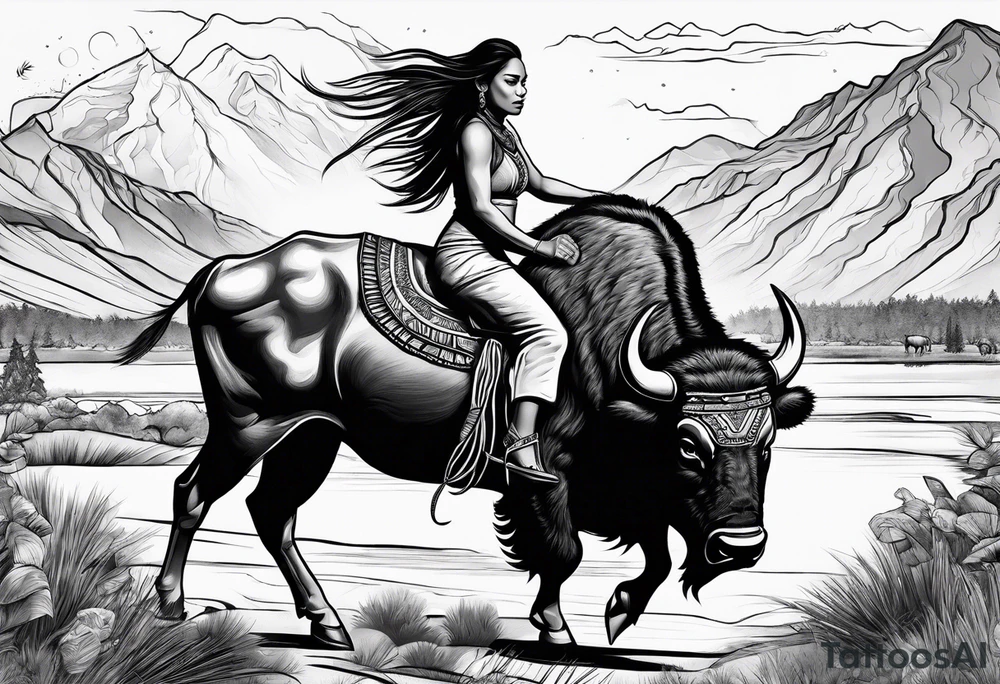 native woman riding buffalo tattoo idea