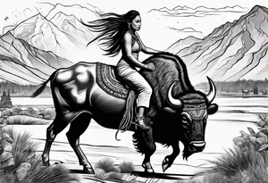 native woman riding buffalo tattoo idea