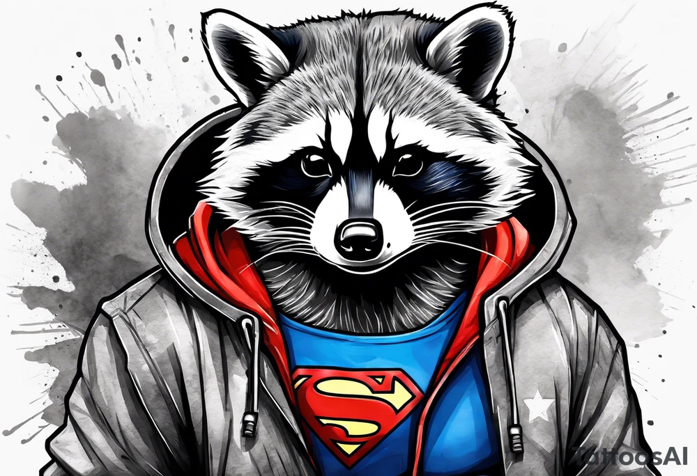 raccoon wearing a Superman hoodie tattoo idea