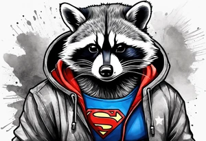 raccoon wearing a Superman hoodie tattoo idea