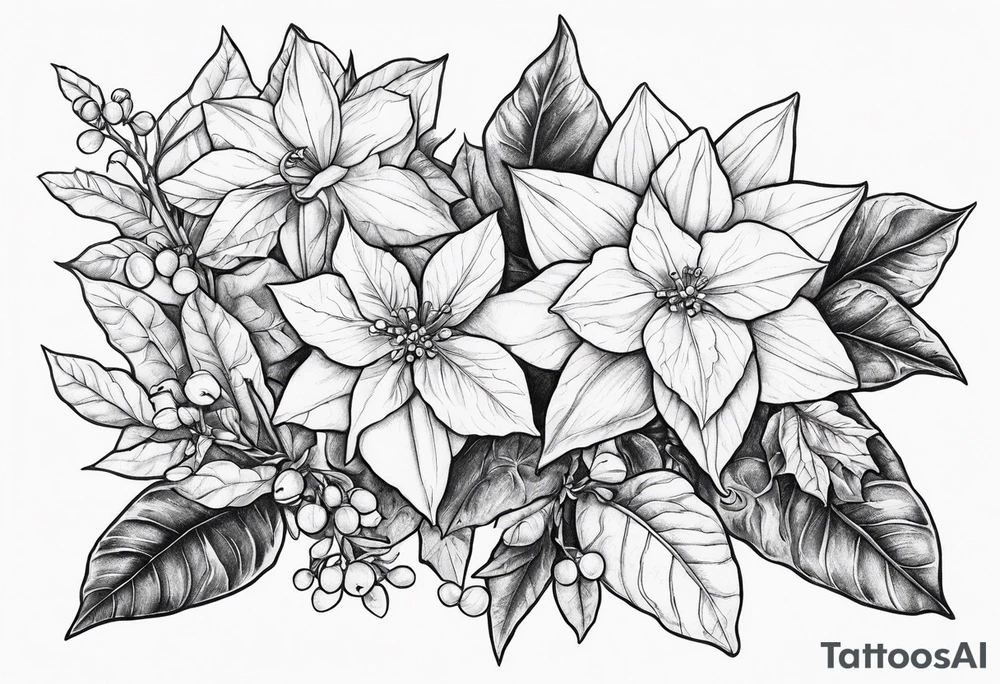 Narcissus, Poinsettia, and Holly tattoo idea
