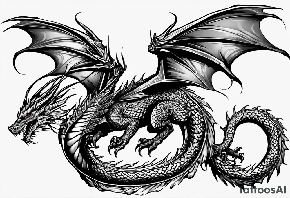 design a water dragon tattoo with spread wings that wraps around a bicep
Dragon Shape: The dragon will be serpentine, with a long, sinuous body that can easily wrap around the bicep.
Wings: The wings will be spread wide, with intricate, flowing details that mimic water currents.
Water Elements: The dragon's scales and wings will have water-like patterns, with splashes and waves incorporated into the design.
Positioning: The dragon's head will be prominent, positioned towards the front of the bicep, with the body and tail wrapping around, creating a dynamic, flowing motion. tattoo idea