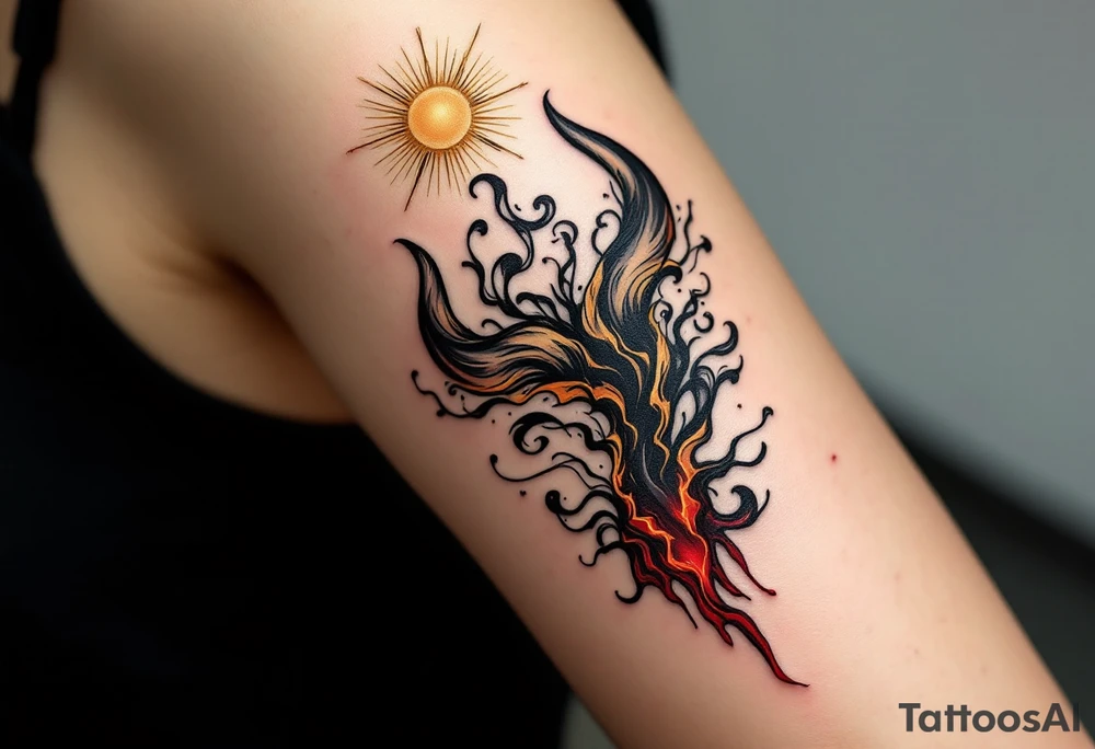 A golden, radiant halo floating above one side of the design, while the other side features a cracked demonic horn, dripping with dark crimson energy. The two elements are connected by swirling black and white smoke, blending good and evil into one form. tattoo idea