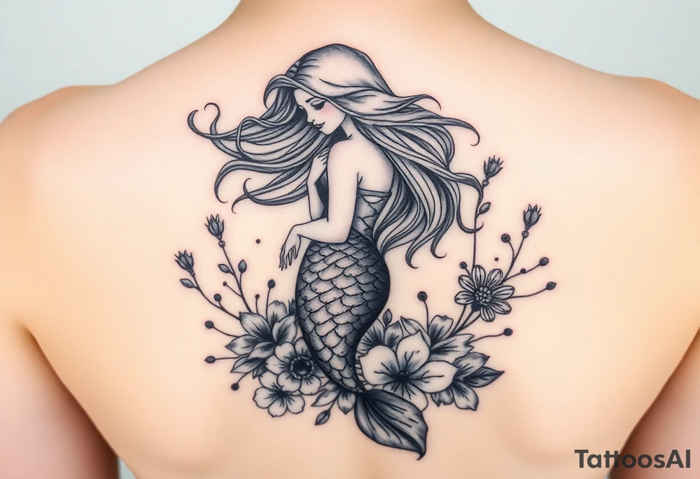 ethereal mermaid with flowing hair among coral and sea flowers tattoo idea