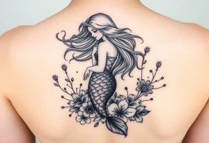 ethereal mermaid with flowing hair among coral and sea flowers tattoo idea