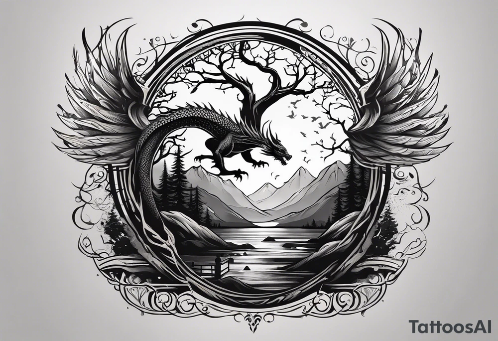 tattoo for the back: in a line, there is a tree with the roots like stairs, where a dragon is coming up, as well somewhere there are some wings, and the words "One day at a time" with the date 4.14.24 tattoo idea