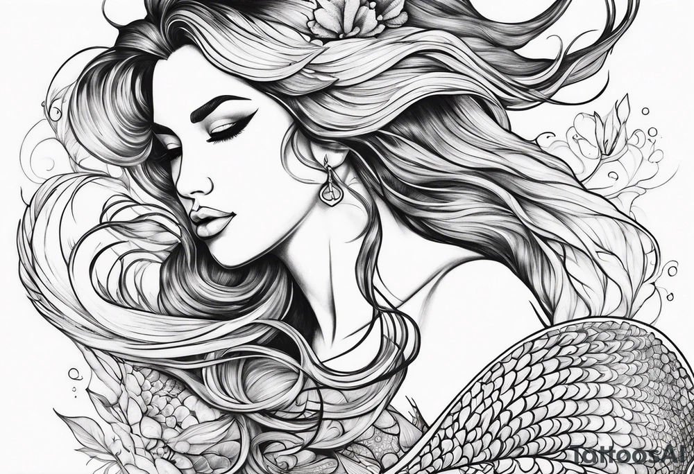 sexy goddess mermaid with flowing hair and long flowing tail with scales and tattoos combine the favorites tattoo idea