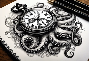 Octopus over an old pocket watch with his tentacles, in a natural pose tattoo idea