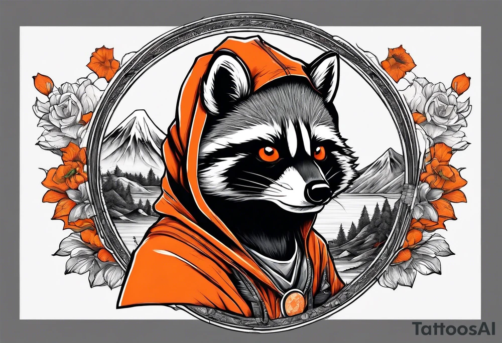 Raccoon wearing an orange Superman hoodie tattoo idea