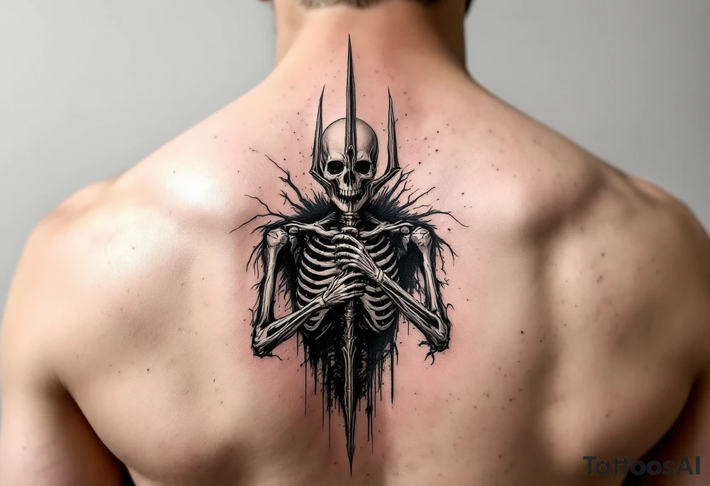 skeleton behind trident tattoo idea