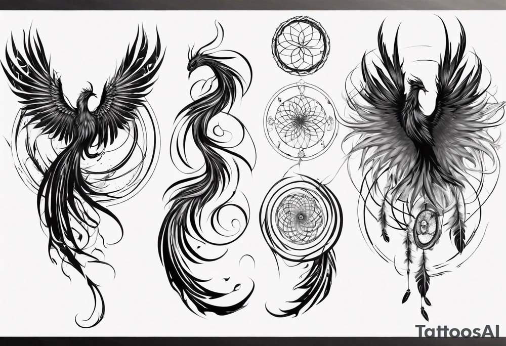 Vertical angry flying Phoenix with wings blending into circles and a long abstract dream catcher feather tail tattoo idea