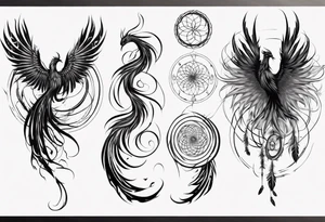 Vertical angry flying Phoenix with wings blending into circles and a long abstract dream catcher feather tail tattoo idea