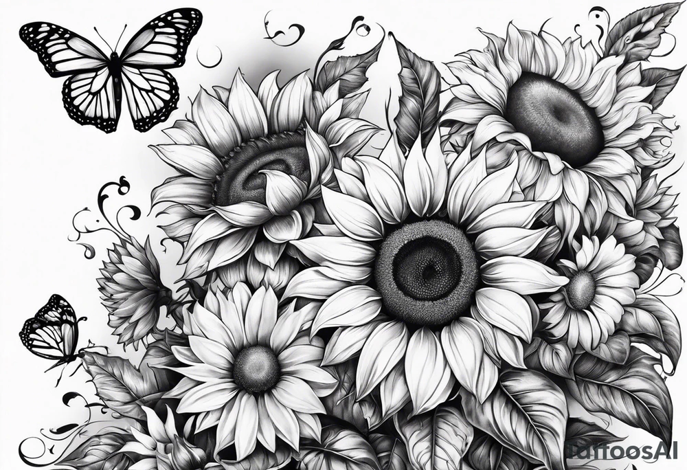 Arm sleeve with sunflowers and butterflies tattoo idea