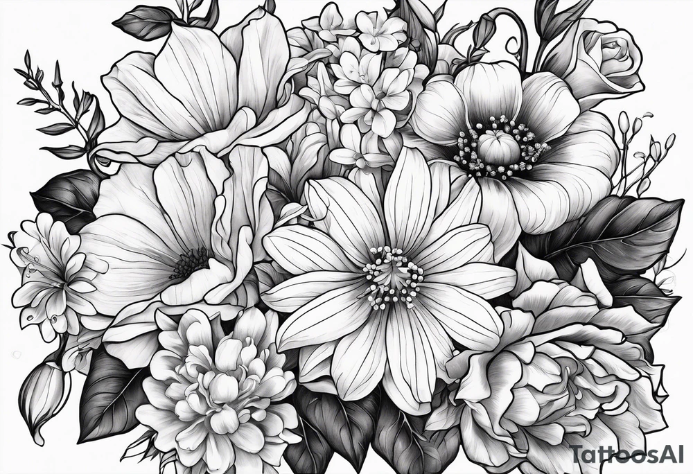 Bouquet of roses, violets, chrysanthemums, morning glories, and lily of the valley tattoo idea