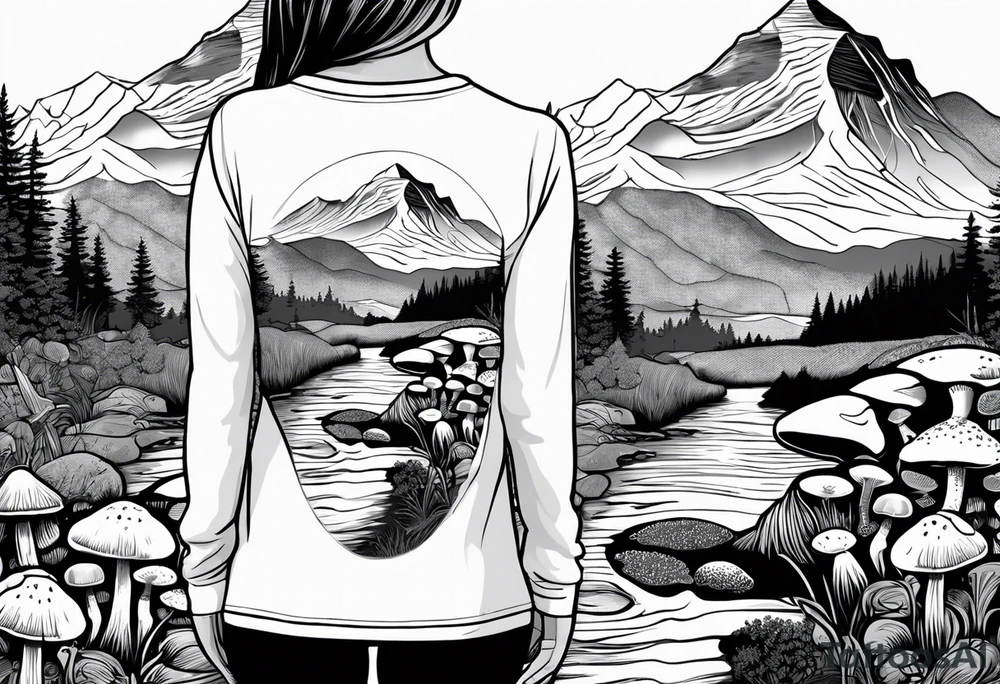 Whole picture encircled fully

Straight long blonde hair hippie girl in distance holding mushrooms in hand facing away toward mountains and creek surrounded by mushrooms long sleeve shirt and hiking pants; whole rendering within a full celtic circle border, no cut off circle tattoo idea