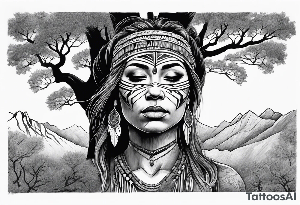 Tree with upper branches forming a native American woman's face as she looks down onto the trees that forms her face and a lonely woman kneels there tattoo idea