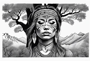 Tree with upper branches forming a native American woman's face as she looks down onto the trees that forms her face and a lonely woman kneels there tattoo idea