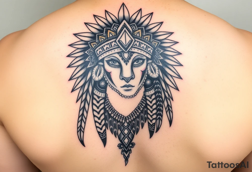 Aztec princess with a panther headdress with gold accents tattoo idea