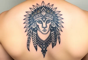 Aztec princess with a panther headdress with gold accents tattoo idea