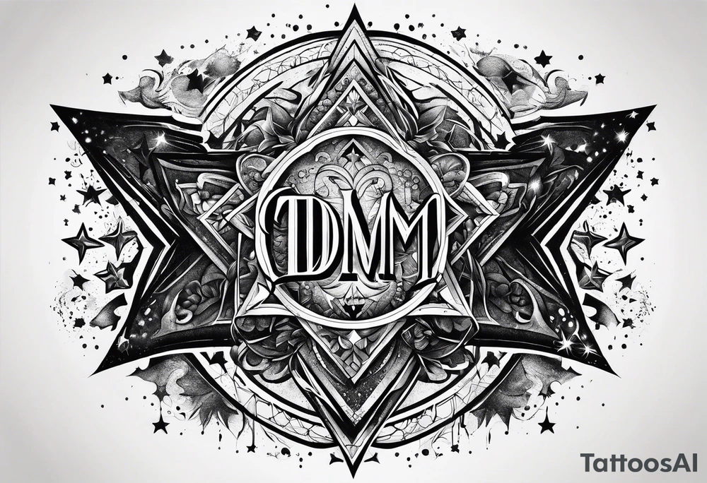 the letters tdm with different sized stars and cloads for shading tattoo idea