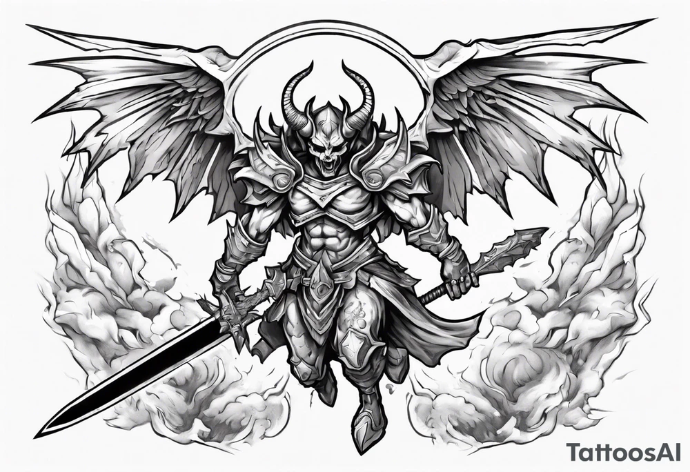 A demon angel wearing organic armor that is in mid-air with his two-handed sword about to attack in isometric view. tattoo idea