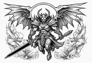 A demon angel wearing organic armor that is in mid-air with his two-handed sword about to attack in isometric view. tattoo idea