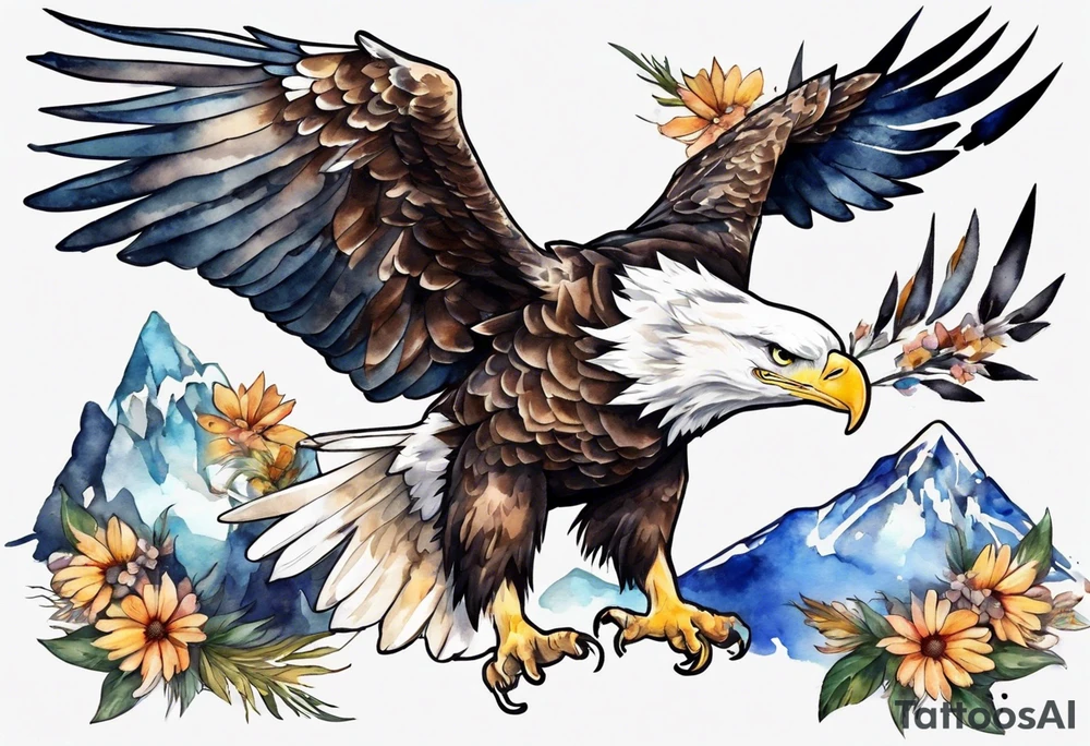 bald eagle with wings spread with mountain flowers in the background tattoo idea