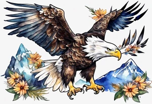 bald eagle with wings spread with mountain flowers in the background tattoo idea