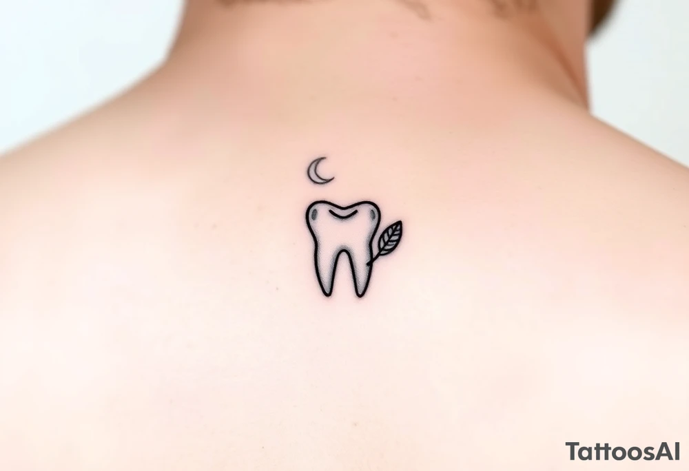 Tiny line-art molar tooth outlined in black with a crescent moon on one side and a single leaf on the other, minimal dot-work texture, elegant and dainty tattoo idea